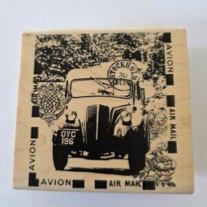 Stampington & Co Large Mounted Rubber Stamp Postcard with Old Car & Postmark